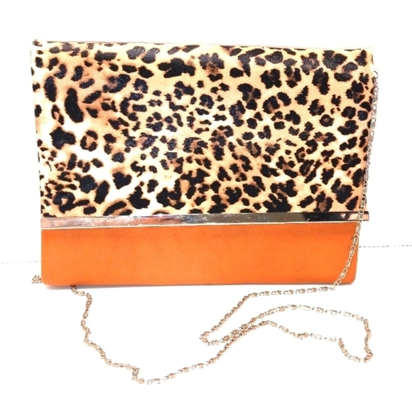Cheeta print tan vegan leather chain crossbody envelope bag - Picture 1 of 6